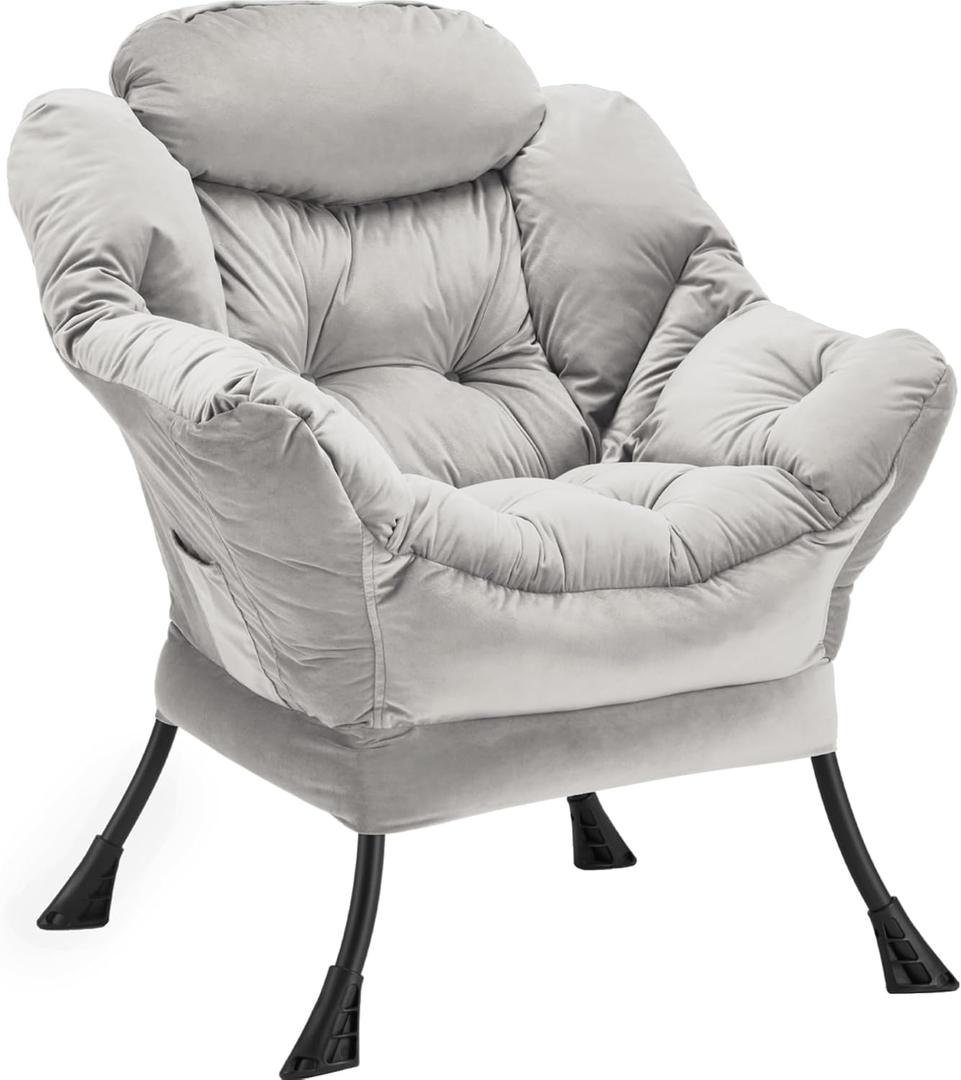 Lazy Chair Thick Padded, Comfy Velvet Accent Lounge Chair with Stable Frame, Leisure Sofa Armchair with Armrests and Side Pocket, Reading Chair for Bedroom, Living Room, Office, Light Gray