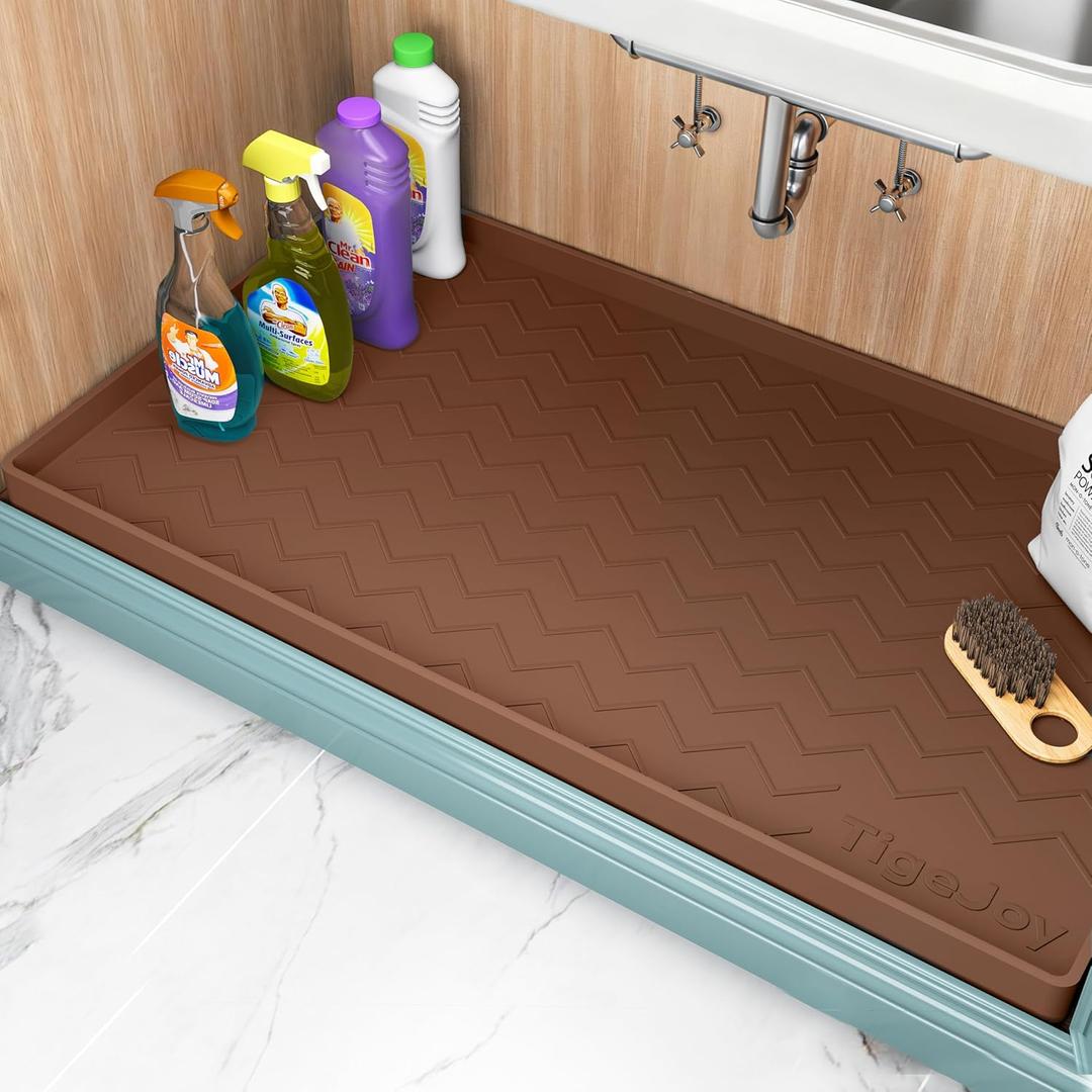 TigeJoy 34" x 22" Under Sink Mats for Kitchen Waterproof, Leak-Proof Silicone Mat Sink Protector and Cabinet Liner, Kitchen Essentials Organizer and Storage, Boot or Shoe Tray, Pet Feeding Mat (Brown)