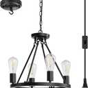 4-Light Plug in Chandelier,Wagon Wheel Style,Black Round Metal Chandelier,Hanging Light with 16.5ft Cord,On/Off Switch,Modern Industrial Look outdoor light fixture for gazebo,Bedroom,Dining Room