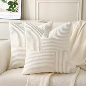 Cream Throw Pillow Covers 18x18 inch,Pack of 2 Soft Corduroy Cushion Covers with Patchwork Textured,Farmhouse Home Decor,Boho Decorative Cushion Case for Couch Bed Sofa Living Room
