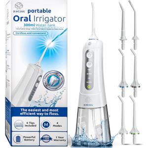 Water Flosser Cordless Pick for Teeth, 4 Modes, Gentle on Gums, Removes Plaque & Food Particles, B. WEISS High-Power, Rechargeable & Waterproof Oral Irrigator; 6 Replacement Tips Included