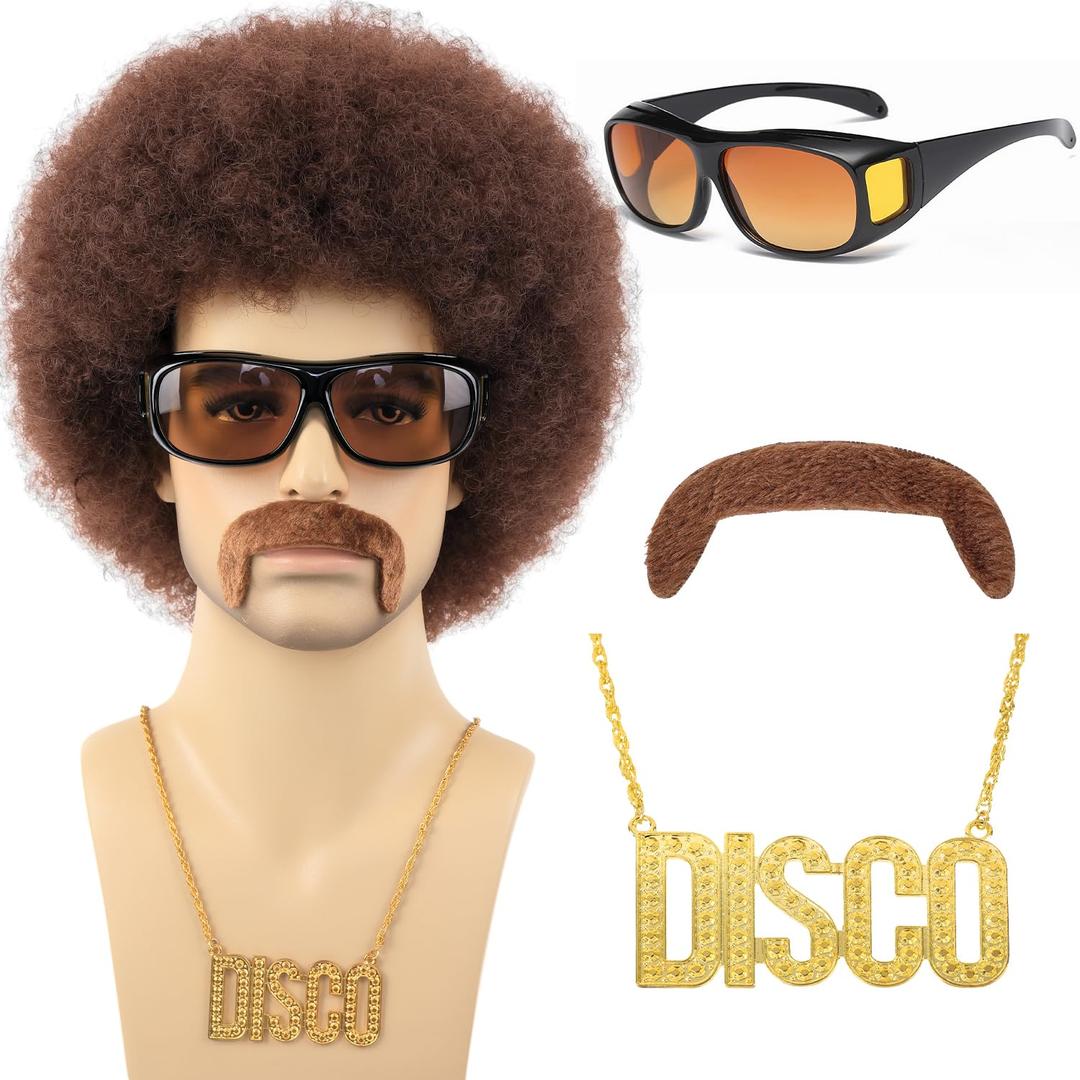 70s Afro Wig for Men with Mustache Glasses and Disco Chain Short Brown Curly Afro Wigs 70s 80s Rock Synthetic Hair Wig for Hippie Rocker Costume Cosplay Halloween Party