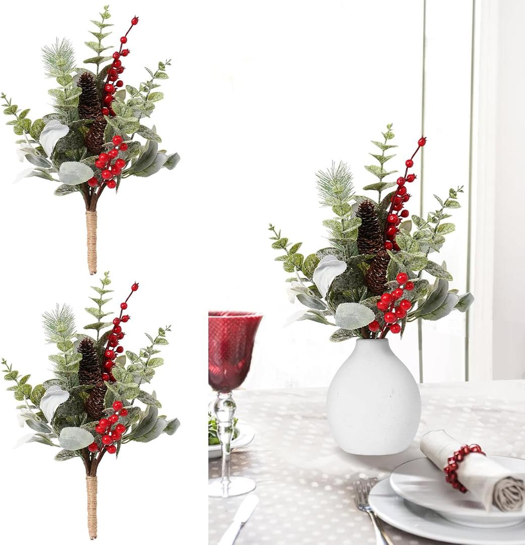 RoseCraft 2PCS Christmas Decorations, 16.5Inch Artificial Red Berry Flowers Stem Table Decorations Twig Branches Ornaments, for Winter Xmas Holiday Party Vase Flower Arrangement Decor.