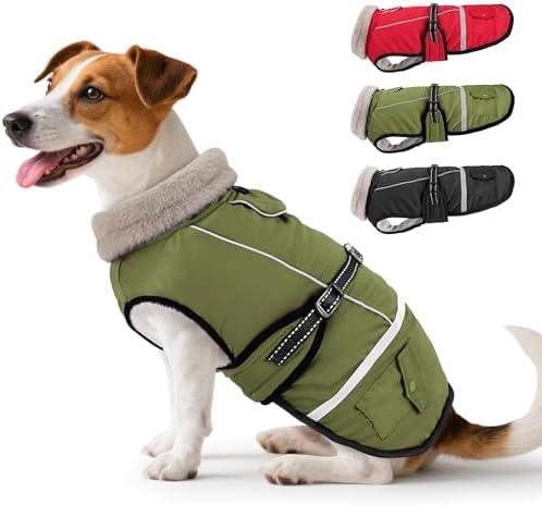 Dog Coat, Warm Dog Winter Coat Reflective Jacket Waterproof Fleece Vest, Pet Jacket Cozy for Cold Weather, Dogs Snowsuit Windproof, Adjustable Buckle for Large Dogs Green L