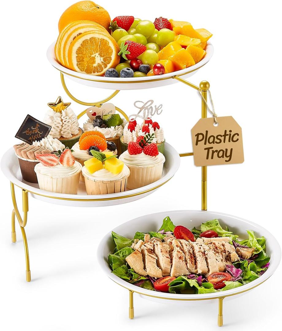 Lifewit Plastic 3 Tier Serving Tray Platter for Party Entertaining, 10"  10" Large Dessert Table Display Set, White Reusable Round Dishes with Gold Metal Display Stand for Veggie, Fruit, Cookies