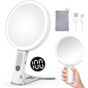 Travel Makeup Mirror with Lights, 1X/20X Magnifying Lighted Makeup Mirror with LED Display ,2-Sided Rechargeable Beauty Mirror with 3 Color Lights & Touch Control, Adjustable Vanity Mirror for Women