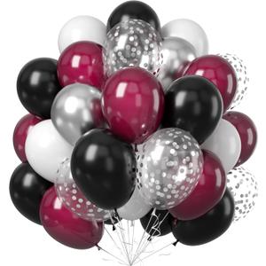 Balloons Burgundy Black Silver, Wine Red Black Party Balloon Maroon Metallic Chrome Silver Balloons and Silver Confetti Helium Latex Balloons for Birthday Bridal Shower Wedding Party Decorations