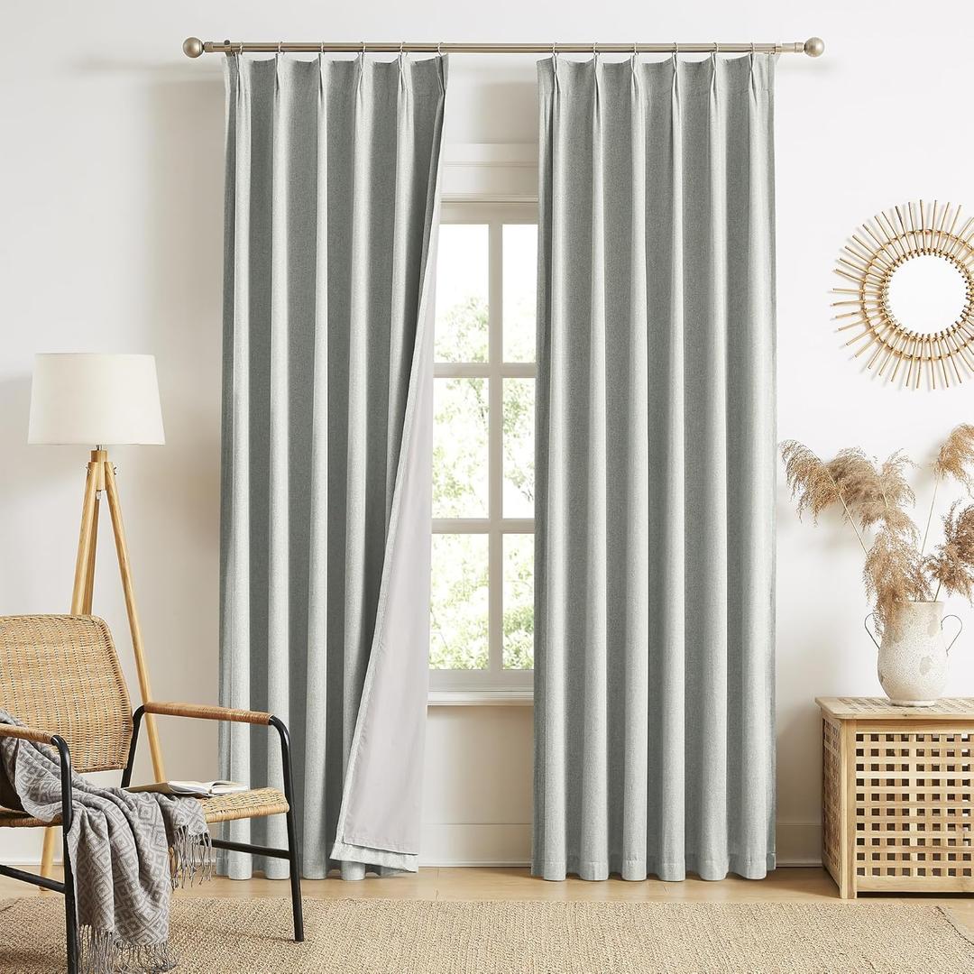 MAIHER Full Blackout Back Tab Curtains Pinch Pleat Drapes 96 Inches Long for Living Room, Linen Blended Thermal Insulated Grey Pleated Drapes with Hooks for Bedroom, 40" W x 96" L, 2 Panels