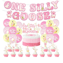 32pcs Silly Goose Decorations Blue and White One Silly Goose Birthday Banner Cake Topper Cupcake Wrappers Latex Balloons Baby Shower Decoration (Pink Cupcake Toppers