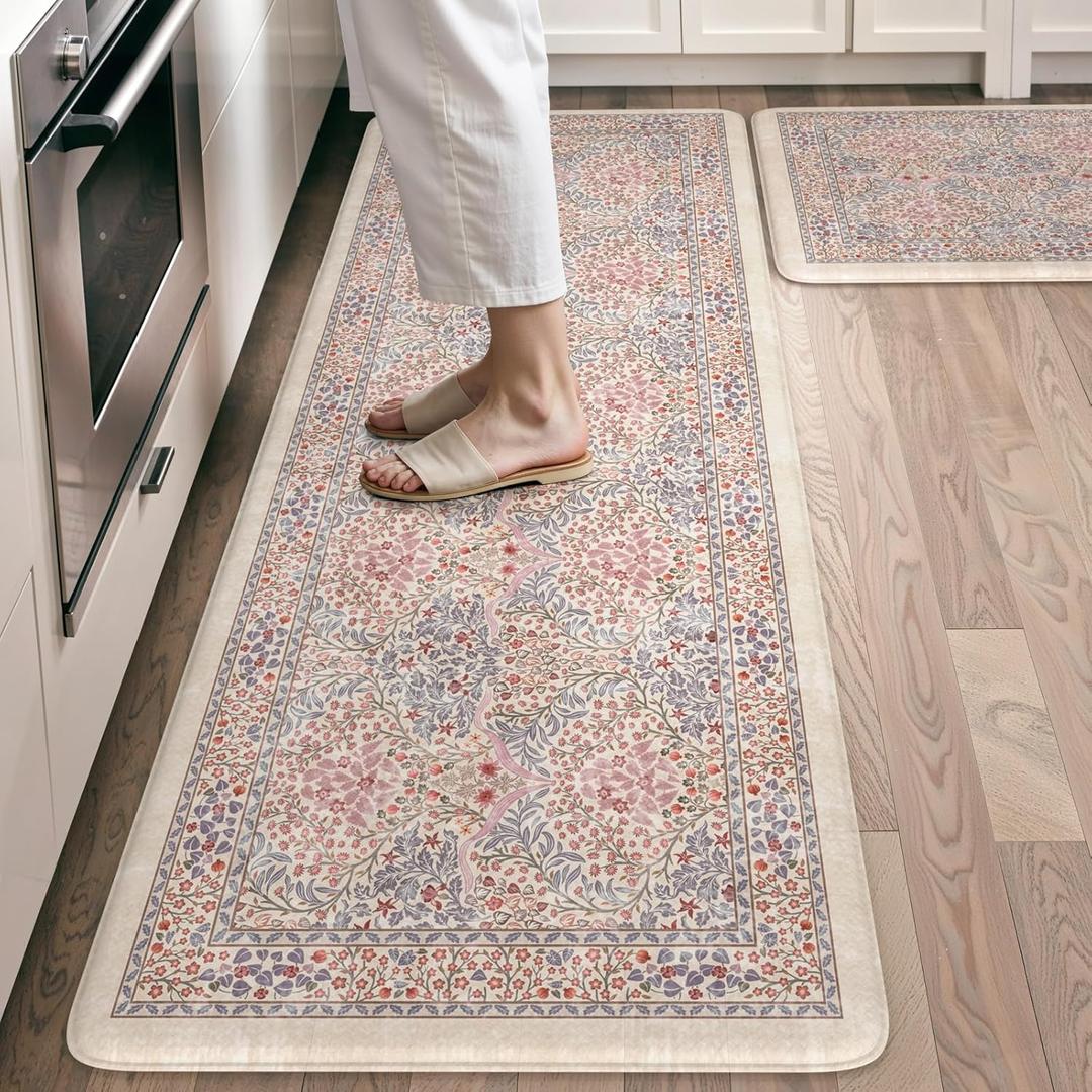 Kitchen Rugs Sets of 2 Non Slip, Blush Anti Fatigue Kitchen Mats | Waterproof Kitchen Mats for Floor Cushioned Anti Fatigue, Non Slip Sink Rug Memory Foam Comfort Standing Mat for Office, 20"x47"+20"x32"