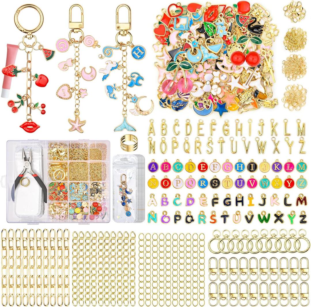 656Pcs Keychain Making Kit: Gold Jewelry Making Supplies Including 198 Charms 30 Keychain Clips with Organizer Box, Lip Gloss Key Chain Kits, Cute Bag Charm Kit for Backpacks DIY Crafts Accessories