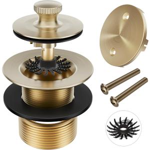 Champagne Brushed Gold Bronze Tub Drain Stopper Bathtub Drain, Hair Catcher and Two-Hole Overflow Faceplate, Premium Brass Lift and Turn Twist Tub Drains Replacement Trim Kit, 11.5/16 UNC Tub Stopper
