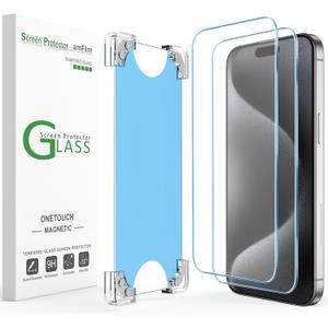 amFilm 2 Pack Magnetic OneTouch for iPhone 15 Pro 6.1" Screen Protector [Eco Friendly & Reduce Plastic] [Indestructible Ultra 9H Tempered Glass] [15 seconds Auto-Alignment & Ultra Fast Installation]