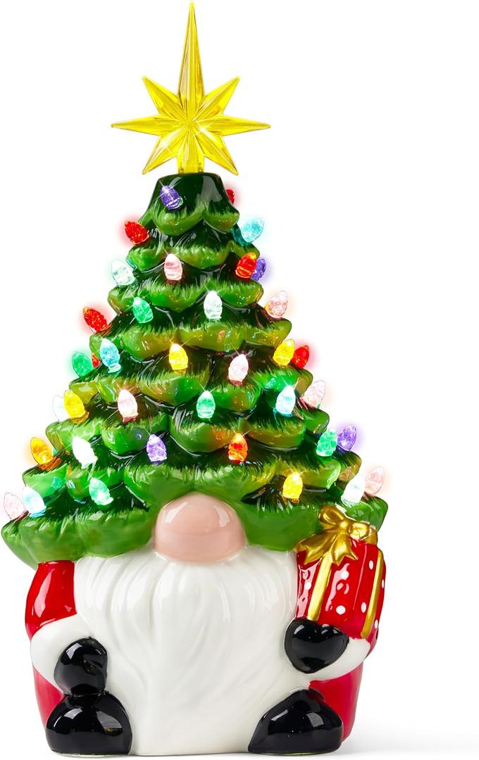 Joiedomi 12 Gnome Ceramic Tree, Light up Tabletop Xmas Decor with 60 LED Lights, Ceramic Tree with Christmas Themed Design, Xmas Holiday Indoor Office Table Fireplace Decoration (Green and Red)