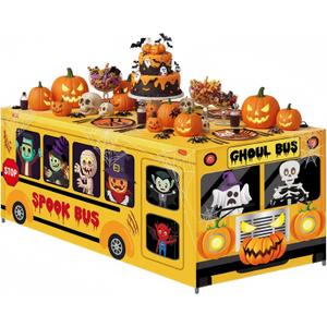 Peryiter 5.5 Ft Halloween Ghost Bus Theme Boo Party Spooky Bus Washable Fabric Polyester Rectangular Tablecloth Protector for Halloween Party Decoration
