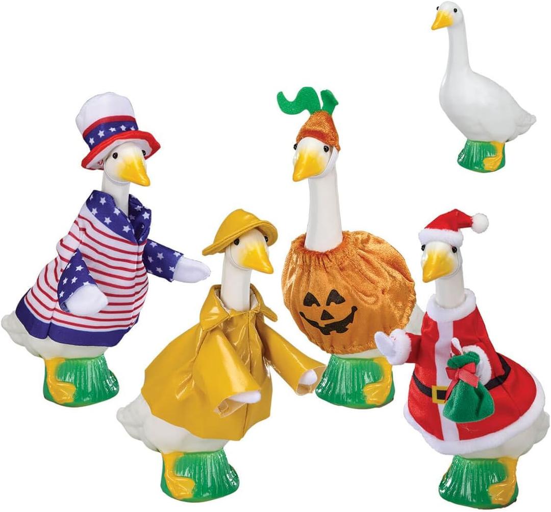Fox Valley Traders Gaggleville 7" Desktop Goose Figurine with All Seasons Outfit Bundle  Includes 4 Adorable Seasonal Costumes for Spring, Summer, Fall & Winter  Fun Indoor Dcor & Gift Idea