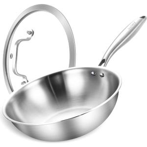 Inqibee 10 Inch Stainless Steel Wok Pan with Lid, Tri-ply Stainless Steel Frying Pan, Stir-Fry Pans & PFOA-Free Woks, Induction Compatible, PFOA Free, Dishwasher & Oven Safe