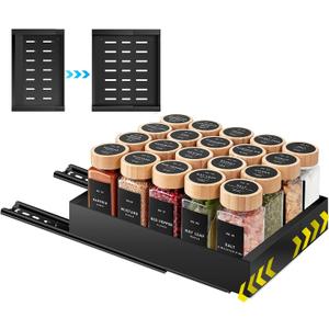 Pull Out Spice Rack Organization for Cabinet, Slide Out Expandable Spice Organizer, Adjustable Spice Cabinet Organizers, Cabinet Size Need: 2.4" Highx10.6" Deepx(6" to 8.2")Wide, Hold 20 Spice Jar