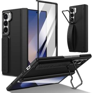 for Samsung Galaxy Z Fold 5 Hand Strap Case, Built-in Screen Protector & Hinge Protection & Camera Cover Kickstand, Military Grade Full Body Shockproof Protective, Black