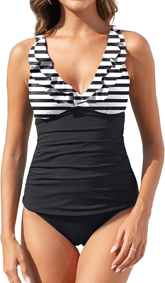 Womens Two Piece Swimsuits - Ruffle Flounce Tankini Tummy Control Bathing Suits V Neck Swimwear Black and White Color Block, M