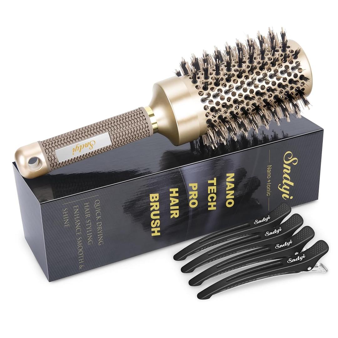 Sndyi Large Round Brush for Blow Out, 2.1 Inch Nano Thermal Ceramic Ionic Round Hair Brush with Boar Bristles, Boost Shine and Volume, Quick Blow Drying and Styling, Best for Long Thick Hair