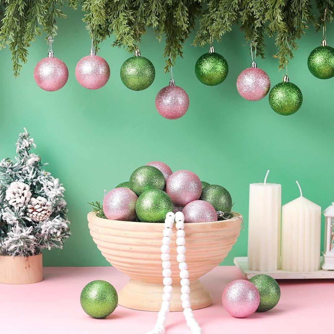 24 Pcs Pink and Green Christmas Decor Ball Baubles Ornaments for Christmas Tree 2.4 Inch Glitter Pink and Green Ornaments Hanging for Holiday Wedding Party Decorations