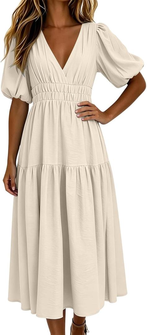 Puff Sleeve Cinched Waist Dress for Womens V-Neck A-Line Flowy Dresses | Dresses With Sleeves White Flowy Dress Short Sleeve For Women Blue Summer Wedding Guest A-Line Bohemian Midi Casual Shirt, Beige XXL
