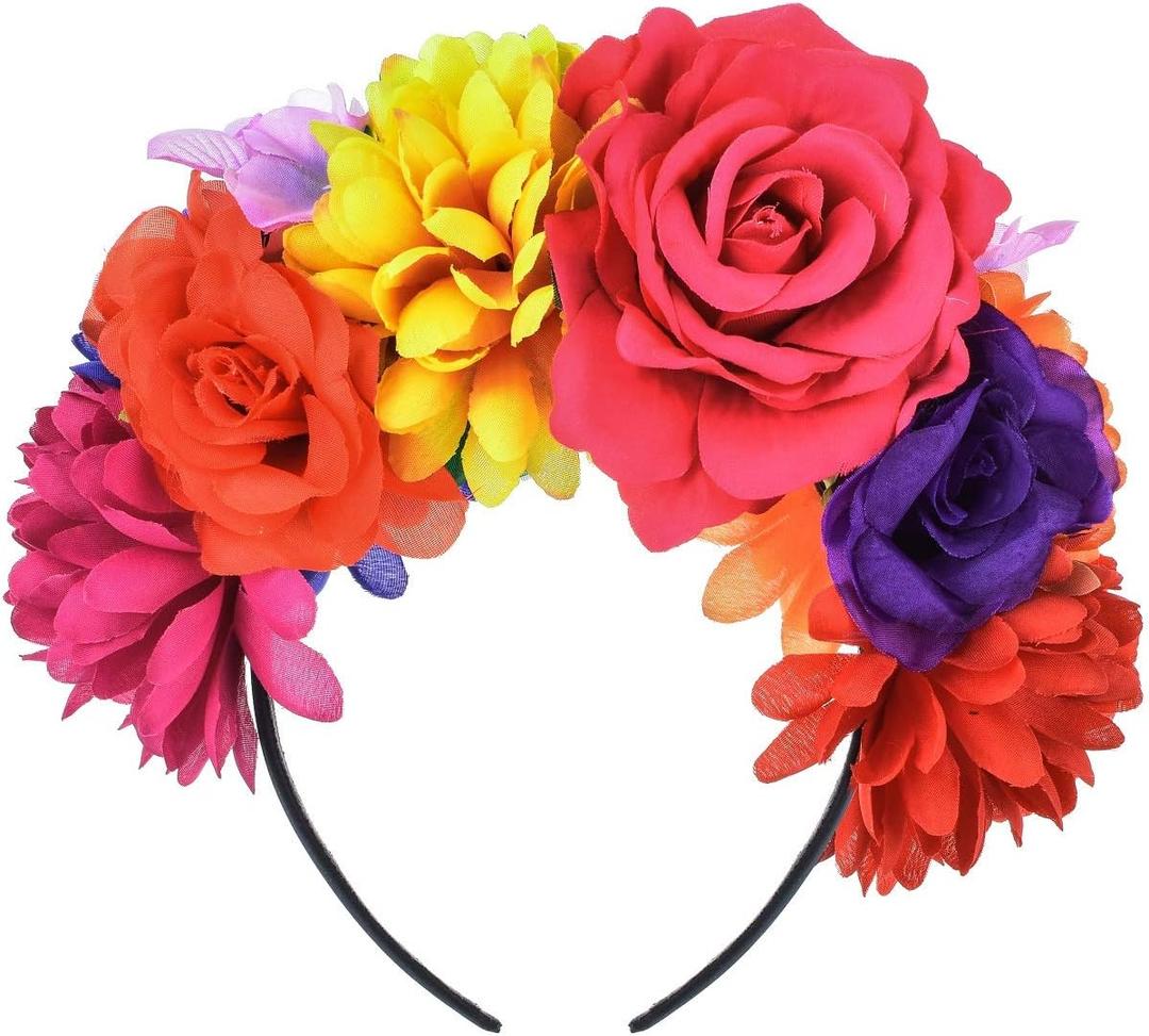 DreamLily Rose Flower Crown Headband HalloweenCinco De Mayo Party Costume Headpiece NC26 (Rainbow Colorful)