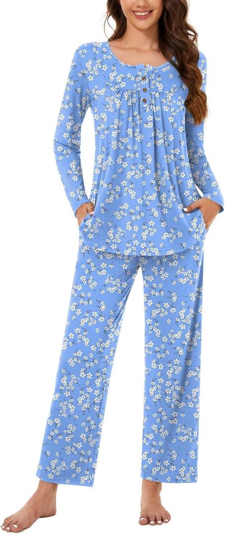 Bestbee Women's Pajama Set, 2 Piece Lounge Outfits Sleepwear Fall Long Sleeve Long Pant With Pockets Ladies Pjs (3X-Large, Blue-white Flower)