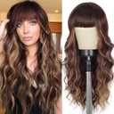 Lativ Brown Wig With Bangs Long Wavy Brown Mixed Blonde Highlight Wig with Dark Roots Ombre Natural Curly Synthetic Resistant Fiber Wigs for Women Daily Party Use, 26 Inches