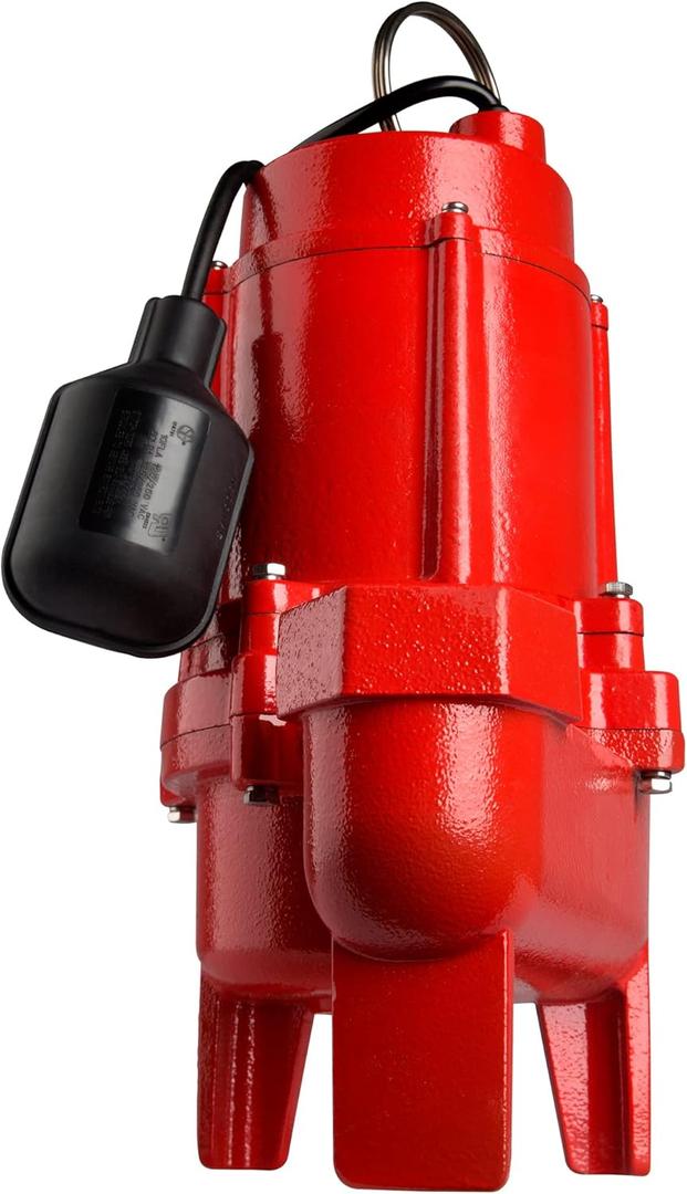 Red Lion RL50WA Heavy Duty Sewage Pump, Automatic Sewage Ejector Pump with Tethered Float Switch, 1/2 HP, 7200 GPH, Cast Iron