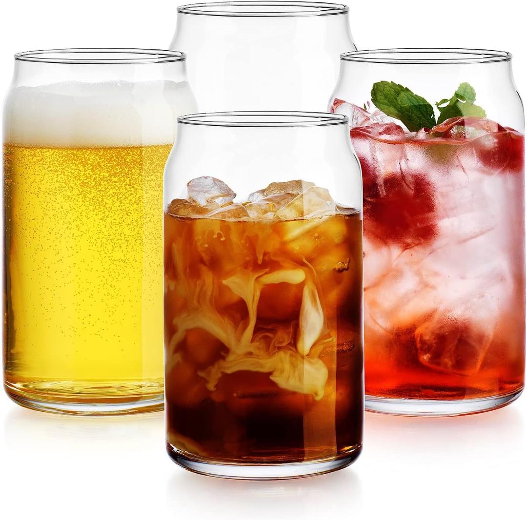 Glaver's Drinking Glasses Set of 4. Can Shaped Glass Cup Set, 16oz Beer Can Glass Coffee Cups, Cocktail Glasses, Water, Soda, Smoothie, Juice, Can Glasses. Dishwasher Safe, 4 Count