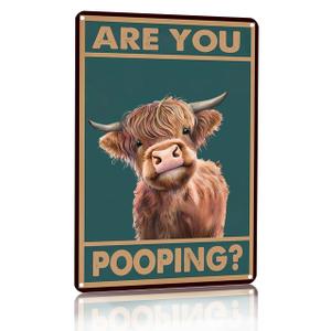 Vintage Highland Cow Tin Sign: Funny "Are You Pooping?" Bathroom Wall Decor for Western & Highland Cow Lovers 8 x 12 Inch