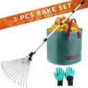 Adjustable Garden Leaf Rake for Leaves 68 inch Garden Tools Set, Leaf Bag and Gloves, Long Handle Stainless Steel Metal Heavy Duty Rake for Yard Lawn Shrub Garden Beds