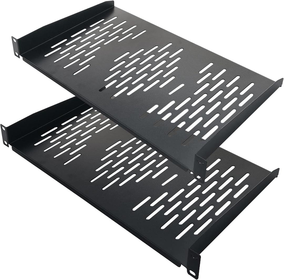 RIVECO 2PCS 1U Rack Shelves, 19 Cabinet Mount 1 U Tray Vented Cantilevers for Computer Case Shelf Mounting, 10 Inches 25CM Depth, Black