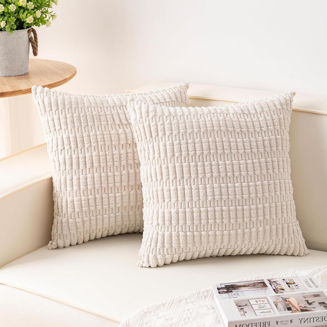Pack of 2 Corduroy Decorative Throw Pillow Covers 18x18 InchSoft Boho Striped Pillow Covers Modern Farmhouse Home Decor for Sofa Living Room Couch BedCream White