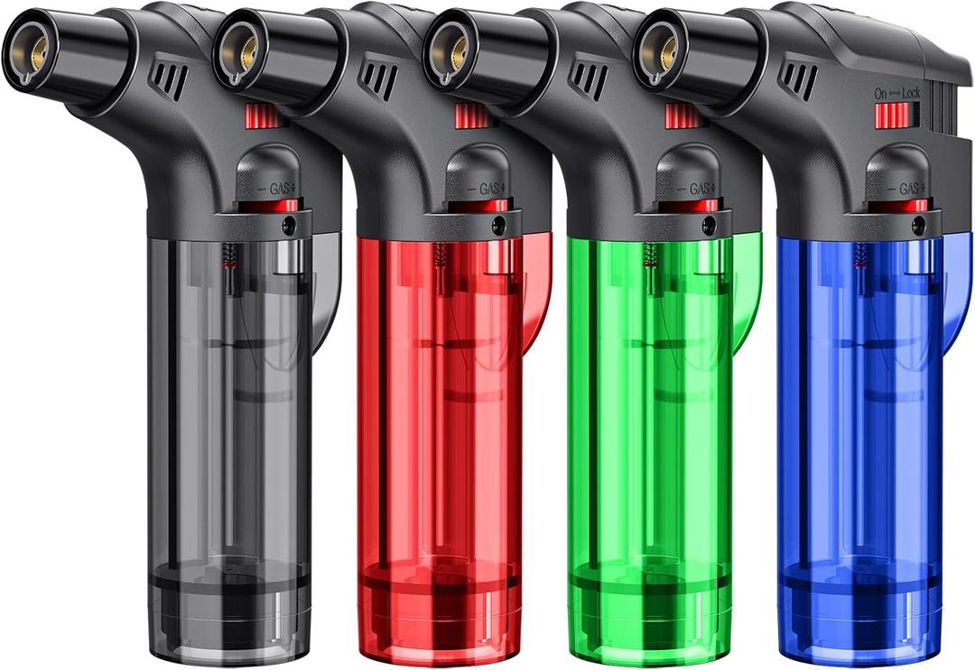 Torch Lighters, 4 Pack, Butane Refillable Jet Flame Torch Lighter, Windproof, Safe, Multi Utility Lighter for Candles, Fireplaces, Campfires, Grill (Without Butane) (Black/Red/Blue/Green)