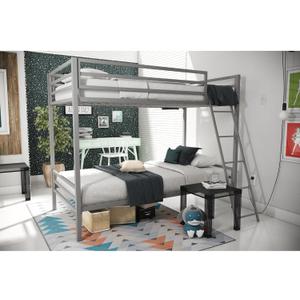 Novogratz Maxwell Metal Bunk Bed Frame for Kids and Teens, With Angled Ladder, High Guardrail and Metal Slats, No Boxspring Required, Underbed Storage Space, Twin-over-Twin, Gray (Grey)