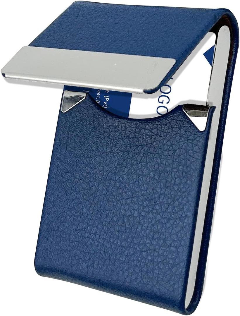 AI-DEE PU Leather Business Card Case with Magnetic Clasp, Pocket RFID Blocking Business Card Organizer - Blue