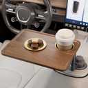 Car Cup Holder Tray Desk, 360 Rotating Black Walnut Solid Wood Food Car Table - Steering Wheel Tray Road Trip Essentials Accessories for Tesla Model Y/3/S, Ford F150 Most Vehicles