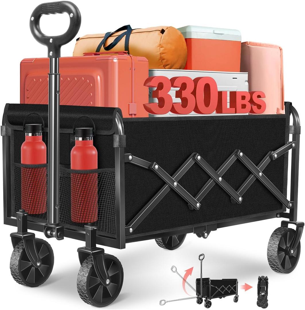 Folding Wagon Cart with All-Terrain Wheels Heavy Duty Collapsible Utility Wagon for Grocery, Sports, Garden, Camping, Shopping (Black 330LBS)