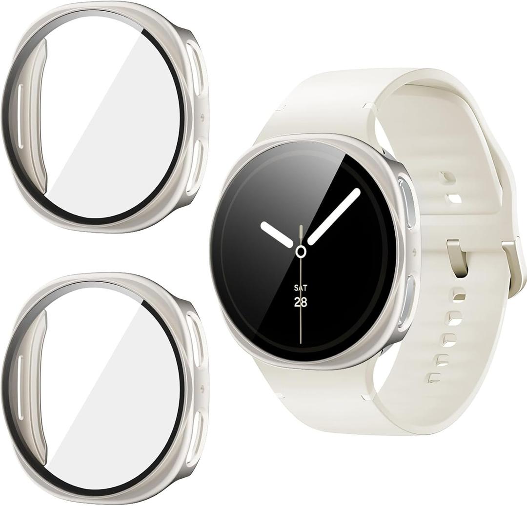 2 Pack for Samsung Galaxy Watch 8 44mm Screen Protector Case [Full Coverage], Hard PC Bumper All-Around Protective Accessories for Samsung Watch 8 44mm Built-in Tempered Glass Film