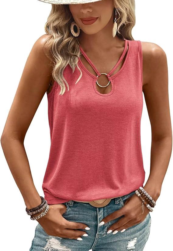 KILISU Womens Tank Tops Summer Tank Tops for 2026 Cut Out Ring Keyhole Neck Sleeveless Fashion Cute Tee Shirts Clothes (X-Large)