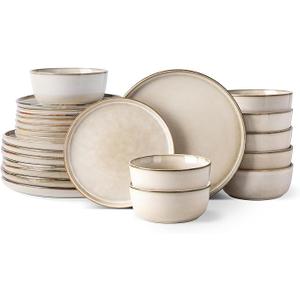 GBHOME Dinnerware Sets for 8, 24 Pieces Ceramic Plates and Bowls Set
Scratch Resistant Stoneware Dishes Set, Dishwasher & Microwave Safe, Reactive Glaze-Cappuccino