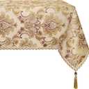 Loom and Mill Luxury Rectangle Tablecloth 60 x 120 Inches, Elegant Damask Golden Floral Table Cover with Handmade Tassels for Dining Table Banquets Decorations(Beige, 60"x120")
