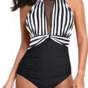 Tempt Me Women One Piece Swimsuit High Neck Plunge Ruched Tummy Control Bathing Suit (Black White Stripe-1) M