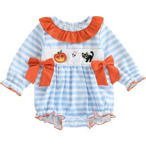 Baby Girl Halloween Outfit Peter Pan Collar Pumpkin Romper Bowknot Onesie Cute Girl Fall Winter Clothes (0-3 Months, Orange)