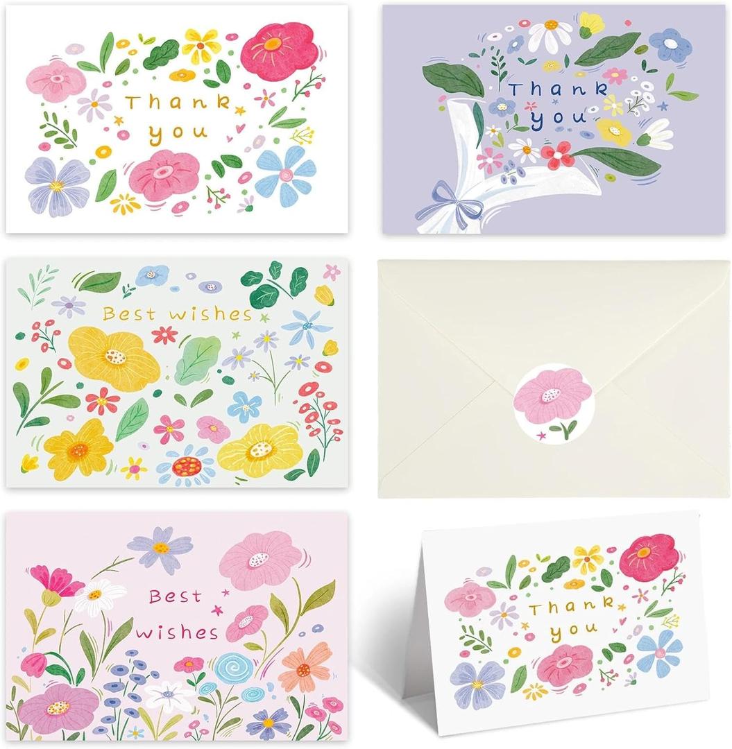 32 Playful & Whimsical Thank You Cards with Envelopes, 4x6 Inch Blank Notes with Cute Floral Designs, 300gsm Cardstock, Note Cards for Birthdays, Baby Shower, Thank You Gifts, Anniversaries