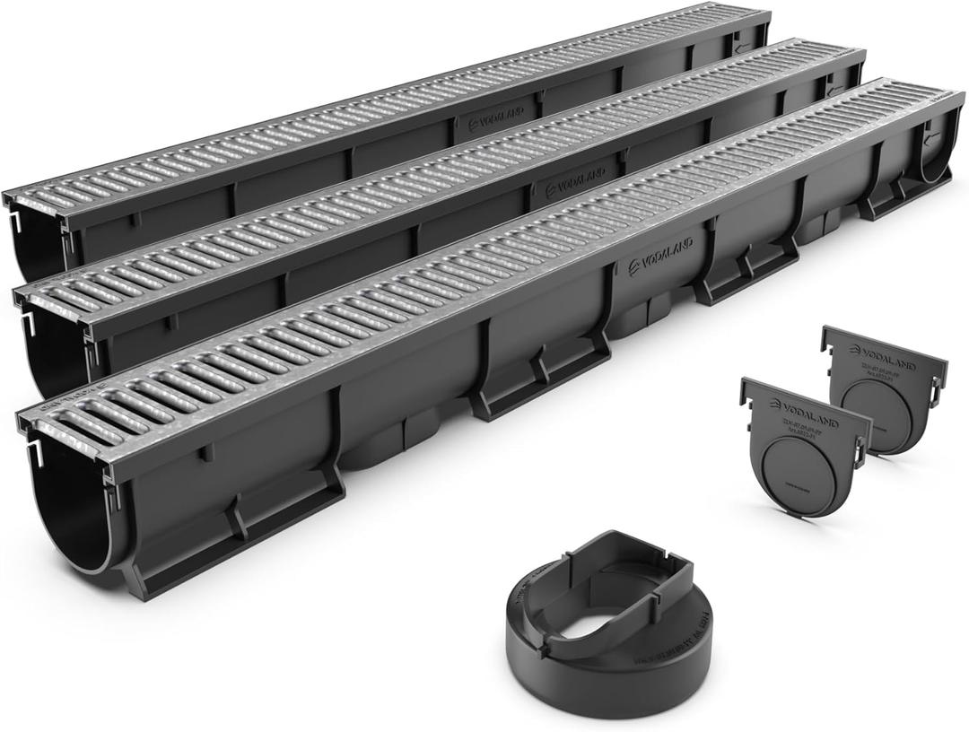 Vodaland - 3 Inch Easy 1 Premium Trench Drain Channel - Galvanized Stamped Steel Grating (Pack of 2)