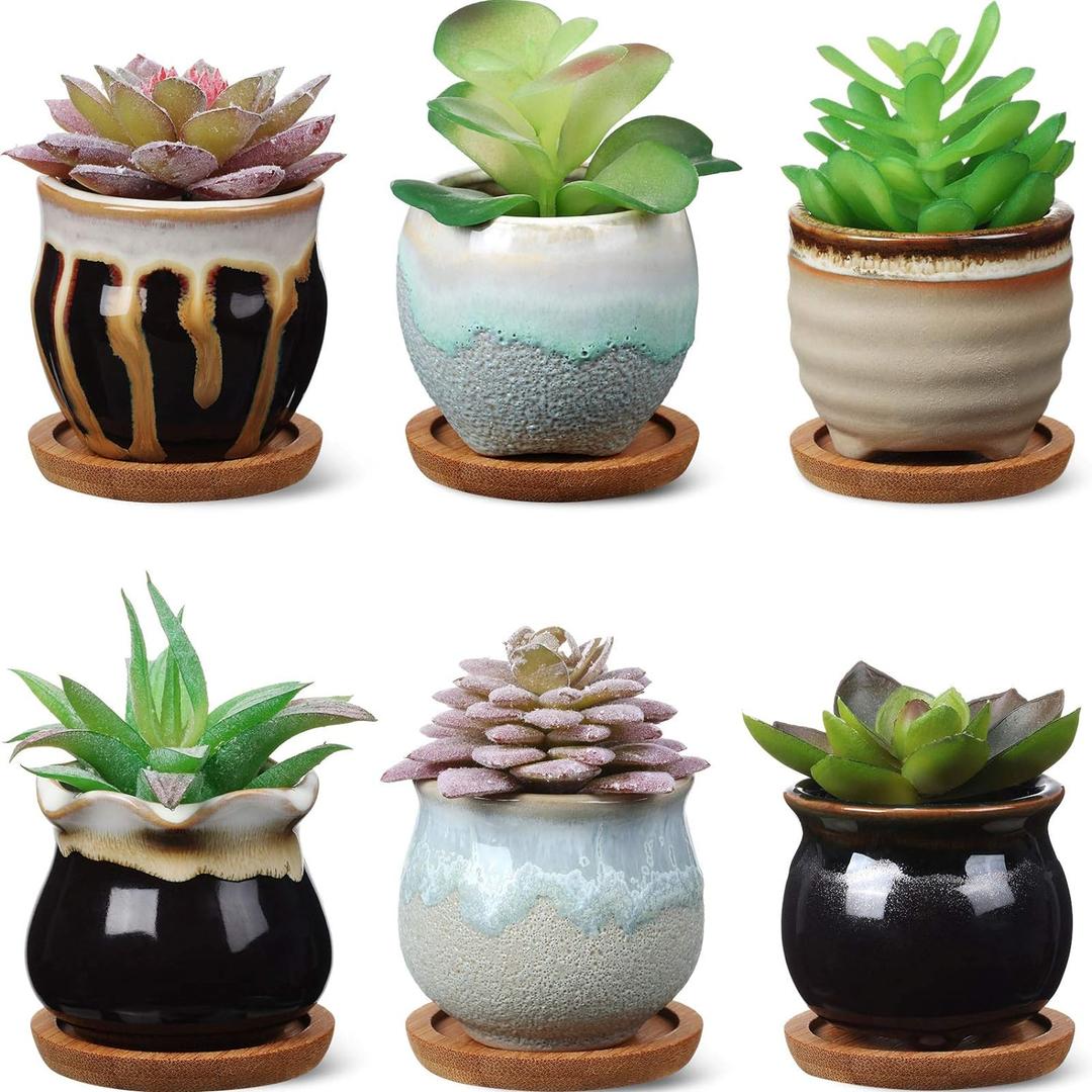 BBTO 6 Set Small Ceramic Succulent Pots with Bamboo Tray Flower Pots with Drainage Hole Succulent Garden Containers Ideal Present for Cactus Office Indoor Home Decoration Gifts, 2.9 x 3.1 Inches